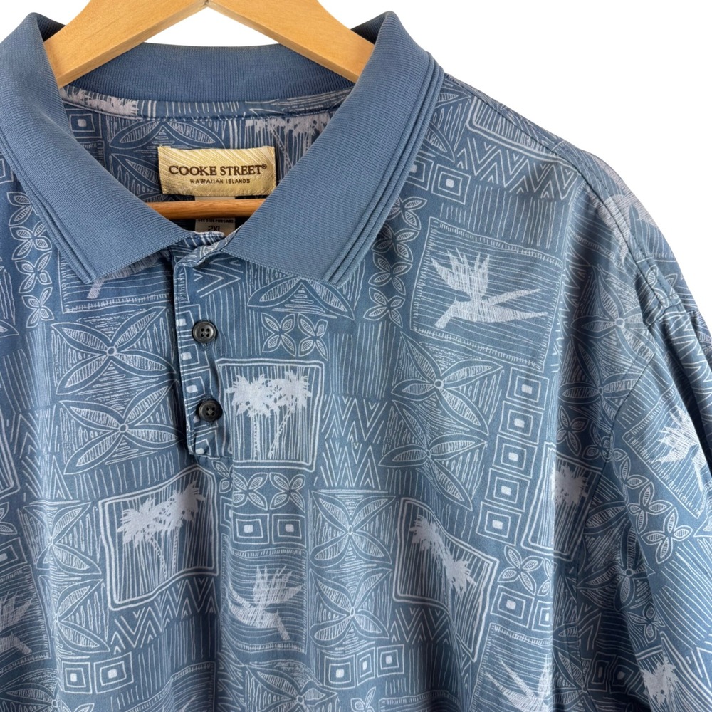 Cooke Street Polo Shirt Mens 2XL Blue Mercerized Cotton Tropical Geometric Print